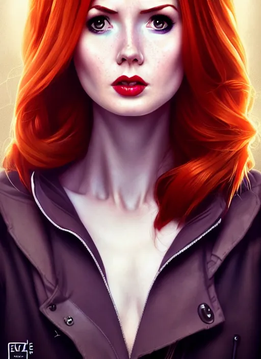 Image similar to Karen Gillan Batgirl, redhead, full body, no mask, symmetrical face symmetrical eyes, leaping from a building, illustration, artstation, cinematic lighting, hyperdetailed, cgsociety, 8k, high resolution, Charlie Bowater, Tom Bagshaw, Norman Rockwell, insanely detailed and intricate