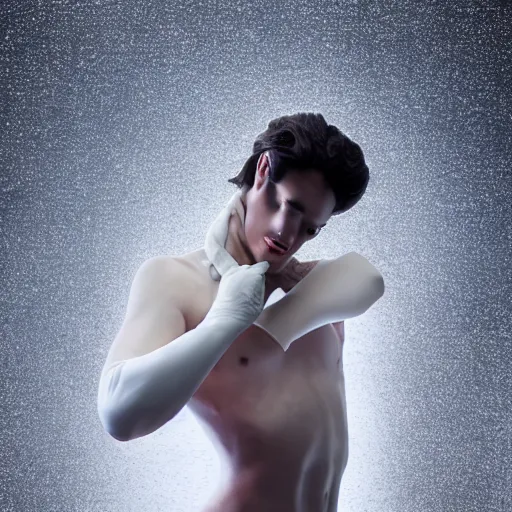 Image similar to portrait of a male dancer with a beautiful porcelain face dressed in a venecian mask, gloves on the hands, rain, cinematic light and reflections, beautiful dreamy lighting, photographed by annie leibovitz, zbrush,