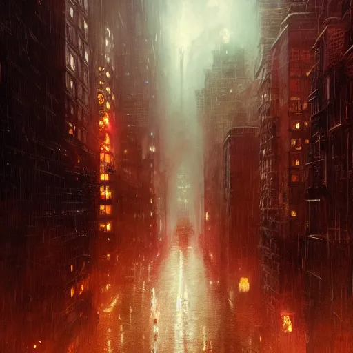 Image similar to nighttime in gotham city, a spaceship flies down the street, wet pavement, street level view, light mist, fantasy, intricate, elegant, digital painting, trending on artstation, concept art, soft focus, illustration by greg rutkowski, Gaston Bussiere and peter elson, 4k.