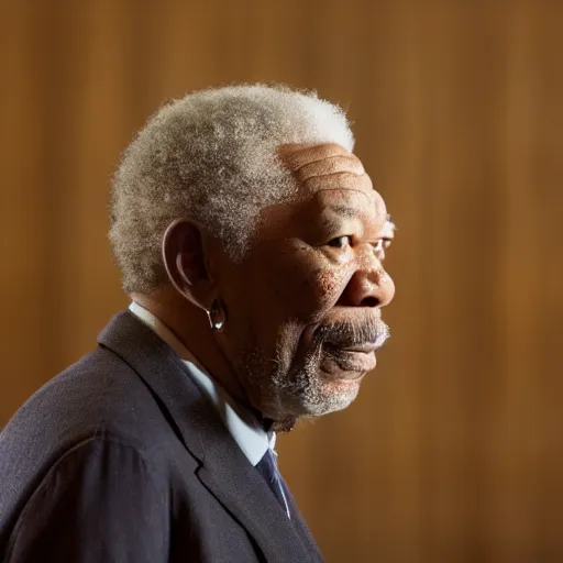 Image similar to cinematic still of Morgan Freeman preaching at a Baptist Church in Rural Tennessee, close up, shallow depth of field, cinematic