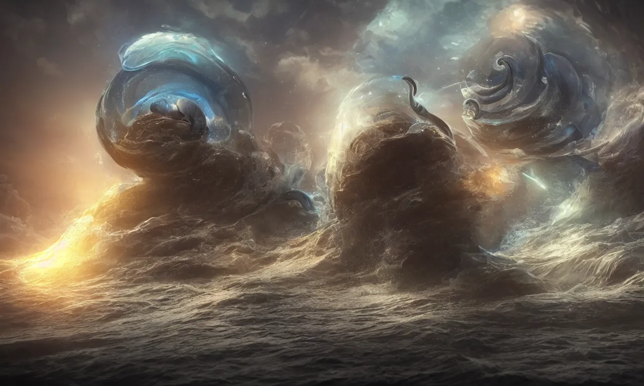 Image similar to A surreal and ethereal magical landscape with a nautilus in the foreground, energy flows of water and fire, translucent, a highly detailed epic cinematic concept art CG render, made in Maya, Blender and Photoshop, octane render, excellent composition, surreal, dream like, by Ekaterina Savic