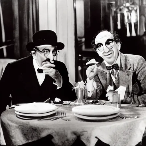 Prompt: harpo marx dines with groucho marx at a fancy restaurant