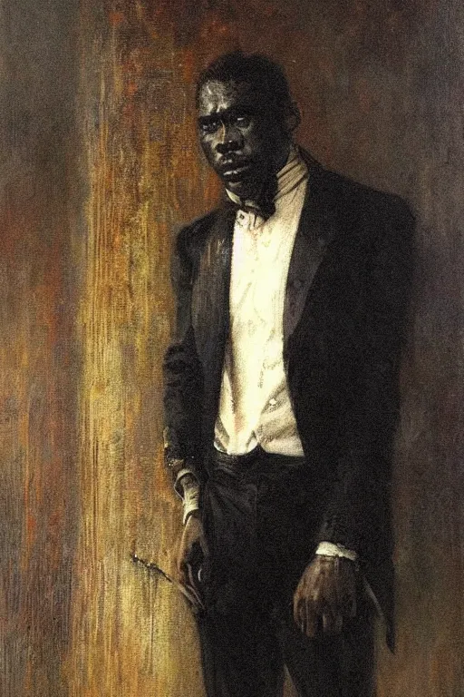 Image similar to portrait of a contract killer, a black man in a pristine white dress shirt. his eyes are collapsing black pits of darkness. horror. art by gaston bussiere.