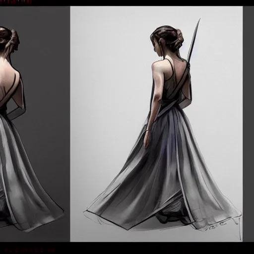 Prompt: Emma Watson in a classical dress, photographed from the back, looking backwards, artstation, concept art, extremely detailed, sharp focus