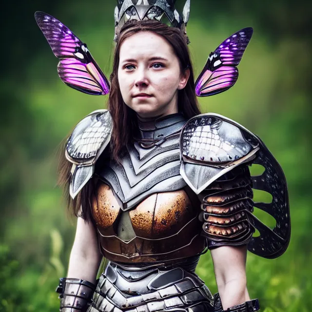Prompt: full body photo of a beautiful cute strong warrior queen wearing butterfly armour, highly detailed, 8 k, hdr, smooth, sharp focus, high resolution, award - winning photo