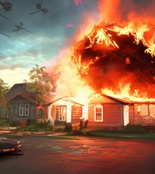 Prompt: melting, plastic house, on fire, cinematic lighting, highly detailed 8 k