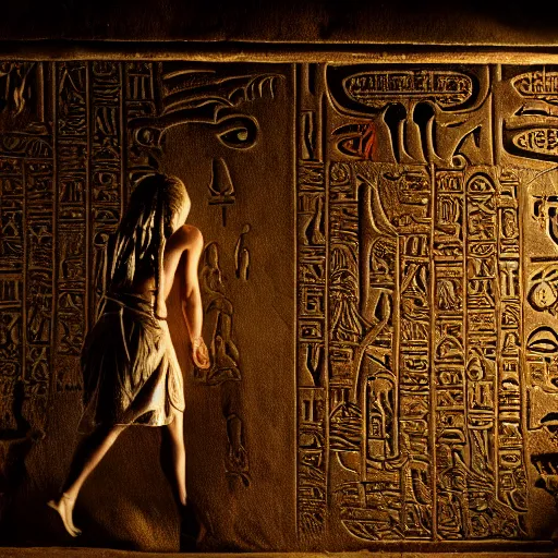 Prompt: realistic photography of a lovecraftian monster looking at hieroglyphs, eerie atmosphere, cinematic lighting, by ridley scott