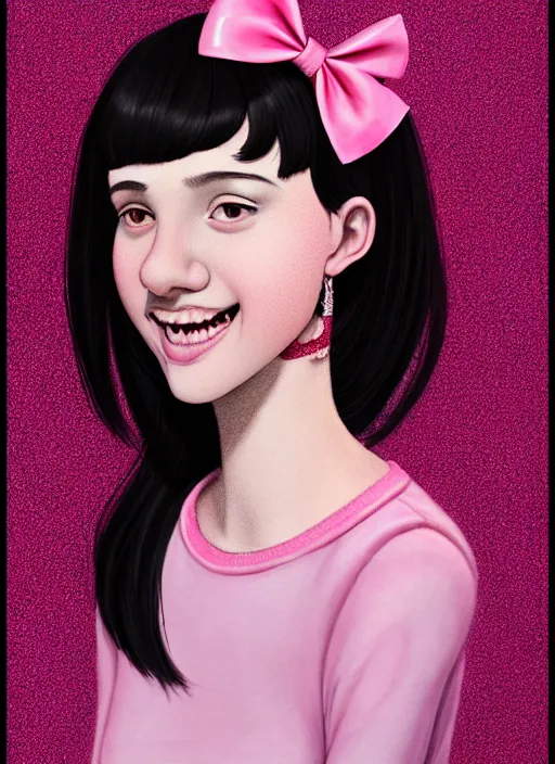 Image similar to portrait of high school girl, realistic, black hair, bangs, half updo hairstyle, pointy nose, skinny, smile, ugly, defined jawline, big chin, pink hair bow, earrings, intricate, elegant, glowing lights, highly detailed, digital painting, artstation, sharp focus, illustration, art by wlop, mars ravelo and greg rutkowski