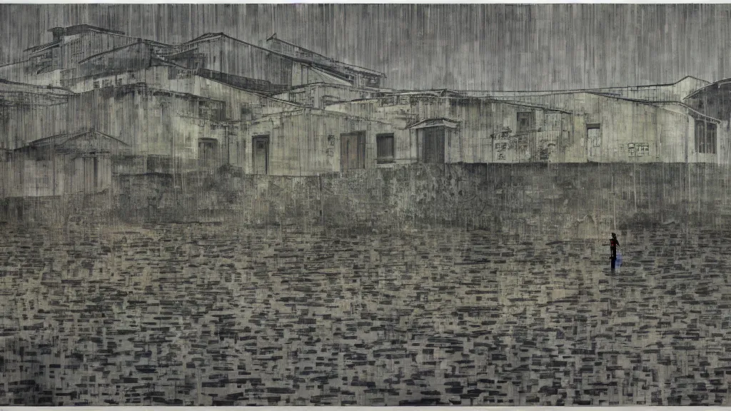 Prompt: a chinese prison near a river by peter doig, shades of grey, overlaid with chinese adverts