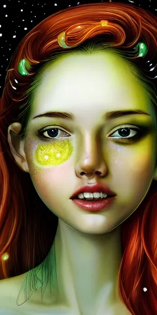 Image similar to infp young woman, smiling, amazed by golden fireflies lights, sitting in the midst of nature fully covered, long loose red hair, intricate linework, green eyes, small nose with freckles, oval shape face, realistic, expressive emotions, dramatic lights, spiritual scene, hyper realistic ultrafine art by cecco del caravaggio and artgerm