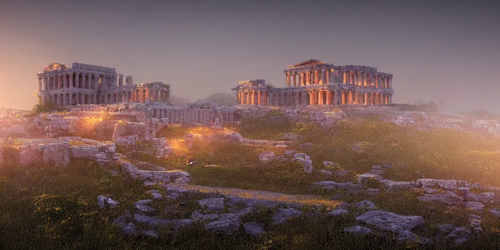 Prompt: a highly detailed photo of an ancient greek castle surrounded by a mist shot during twilight on 3 0 mm film painted by alena aenami, rendered in unreal engine