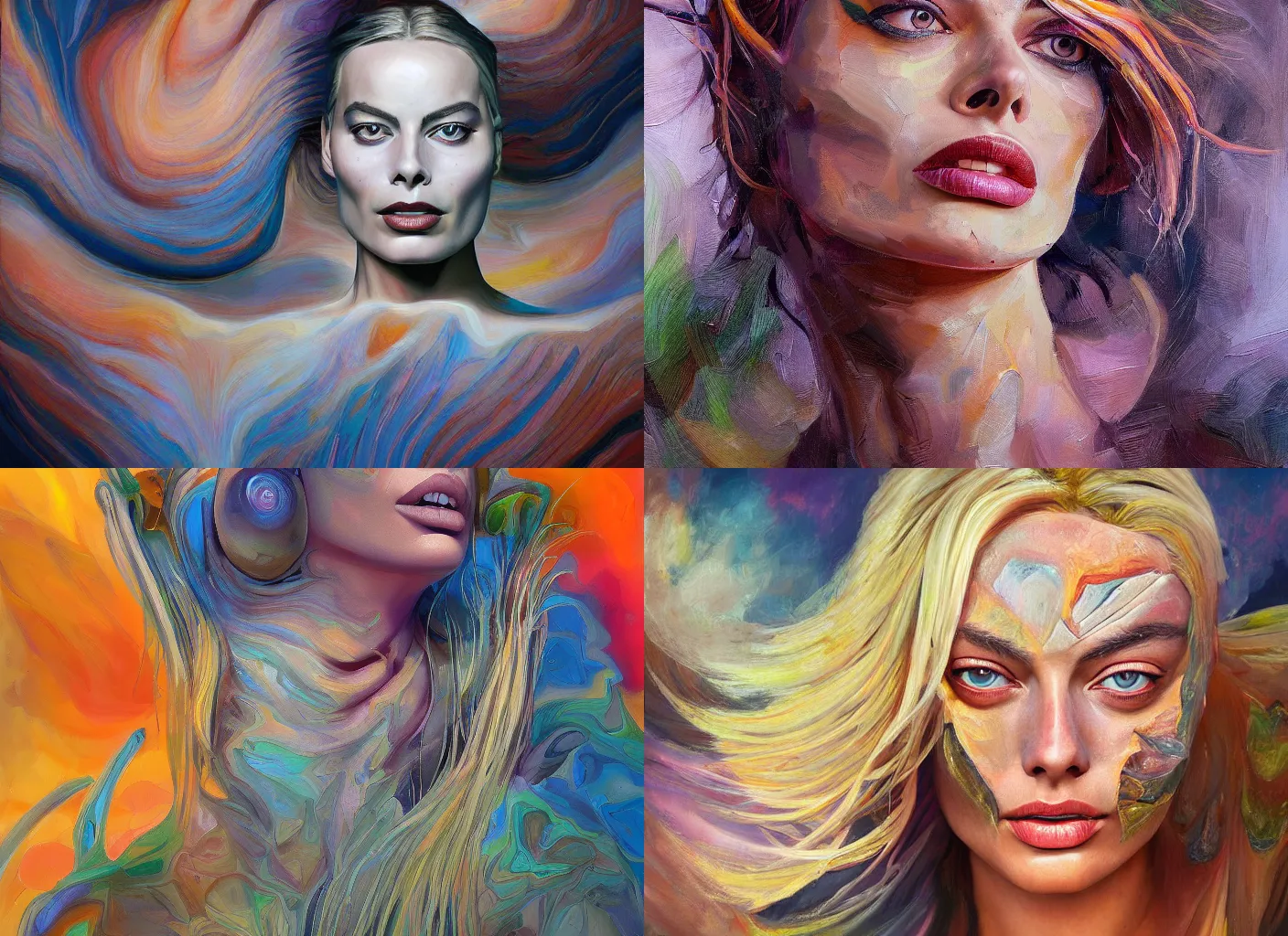 Prompt: margot robbie portrait, peyote cactus desert, oil painting of gloomy abstract surrealist forms by yvonne mcgillivray by mandy jurgens by michael divine, powerful eyes glowing highly detailed painting of gloomy, spiritual abstract forms, symmetrical, artstation, abstract emotional rage expression, fantasy digital art, patterned visionary art, by michael divine, cosmic nebula