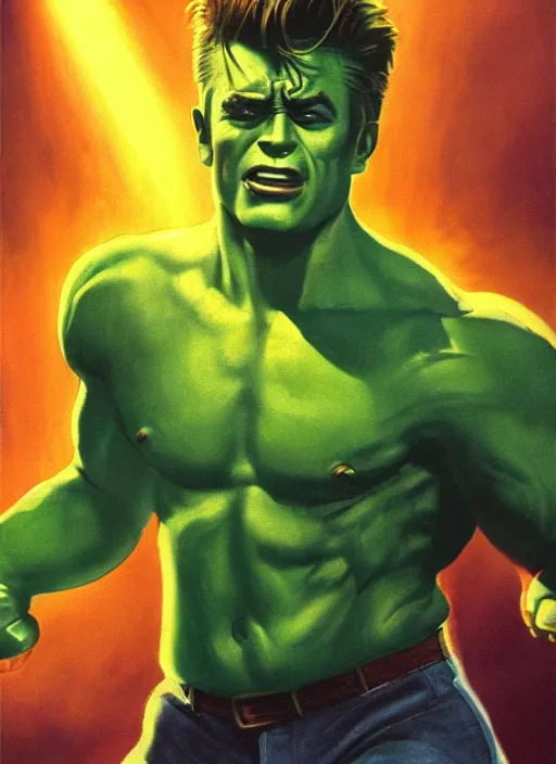 Prompt: james dean as the incredible hulk, fantasy illustration, dynamic lighting, ultra detailed, face and shoulders focus