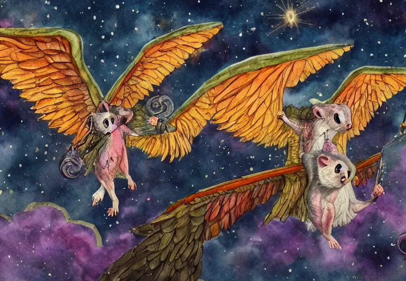 Prompt: the legendary colorful winged possum is flying over a medieval castle under the dark starred sky, dark fantasy, watercolor, dreaming illusion, highly detailed, 4k, trending on Artstation, award-winning