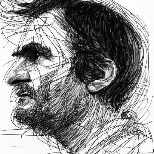 Image similar to a realistic yet scraggly portrait sketch of the side profile of a stern and sophisticated jonny greenwood, trending on artstation, intricate details, in the style of frank auerbach, in the style of sergio aragones, in the style of martin ansin, in the style of david aja, in the style of mattias adolfsson