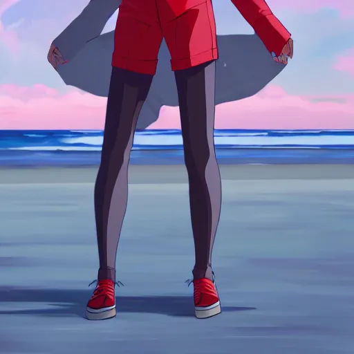 Prompt: character deisgn by lois van baarle, artgerm, helen huang, by makoto shinkai and ilya kuvshinov. cute scarlet red haired cybertronic woman, steel gray body, denim shorts, jacket, wandering at beach at sunset, pretty smile, elegant, octane render, exaggerated proportions, looking at camera