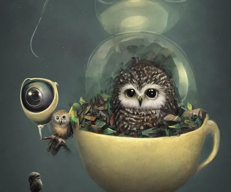 Image similar to long shot of a very cute owl chick nesting in a very futuristic cup, esao andrews, humorous illustration, hyperrealistic, big depth of field, warm colors, night scenery, low light, 3 d octane render, 4 k, conceptart, hyperdetailed, hyperrealistic, trending on artstation