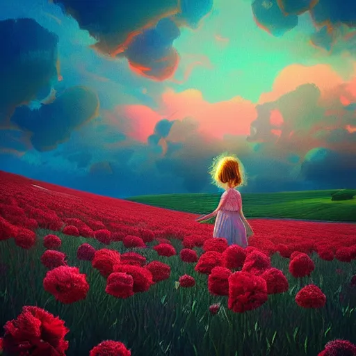 Prompt: head of carnations flower, girl in a flower field, surreal photography, sunrise dramatic light, impressionist painting, colorful clouds, digital painting, artstation, simon stalenhag, flower face