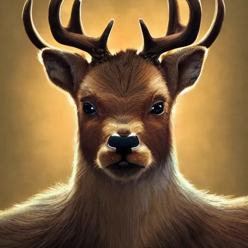 Image similar to highly detailed portrait of a stylized deer, stephen bliss, unreal engine, greg rutkowski, ilya kuvshinov, ross draws, hyung tae and frank frazetta, tom bagshaw, tom whalen, nicoletta ceccoli, mark ryden, earl norem, global illumination, god rays