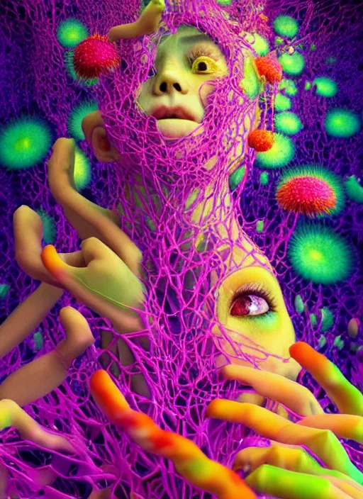 Image similar to hyper detailed 3d render like a Oil painting - kawaii Aurora (Singer) seen Eating of the Strangling network of colorful yellowcake and aerochrome and milky Fruit and Her delicate Hands hold of gossamer polyp blossoms bring iridescent fungal flowers whose spores black the foolish stars by Jacek Yerka, Mariusz Lewandowski, Houdini algorithmic generative render, Abstract brush strokes, Masterpiece, Edward Hopper and James Gilleard, Zdzislaw Beksinski, Mark Ryden, Wolfgang Lettl, Dan Hiller, hints of Yayoi Kasuma, octane render, 8k