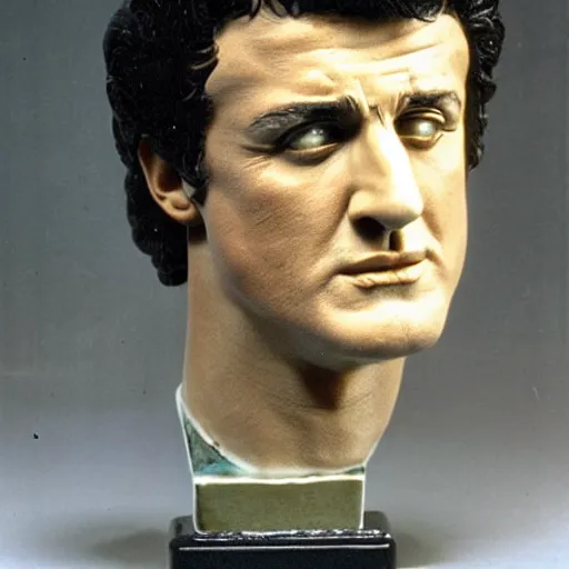 Prompt: porcelain bust of sylvester stallone, photo from the 70s