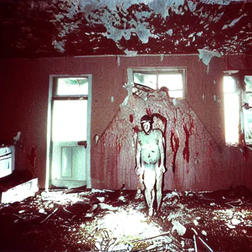 Image similar to 1 9 9 3, disposable camera, flash, old abandoned house, creature, standing, meat, ooze, slime, veins, wet