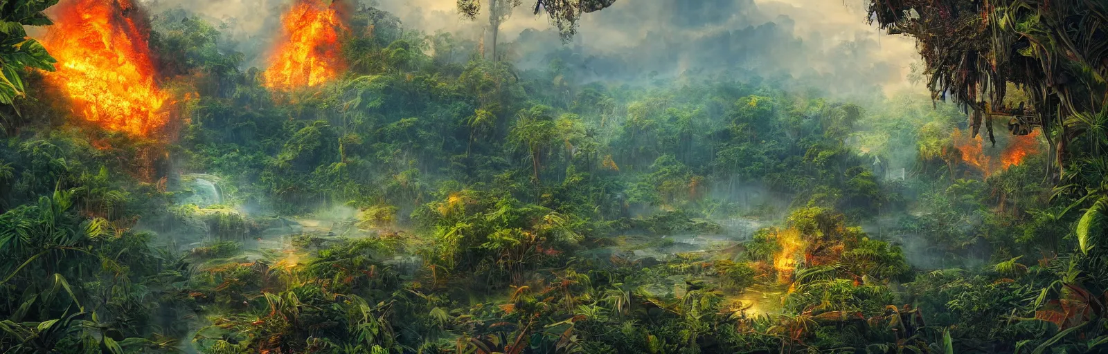 Image similar to painting of a jungle on fire!! scene on an alien planet by vincent bons. ultra sharp high quality digital render. detailed. beautiful landscape. weird vegetation. water.