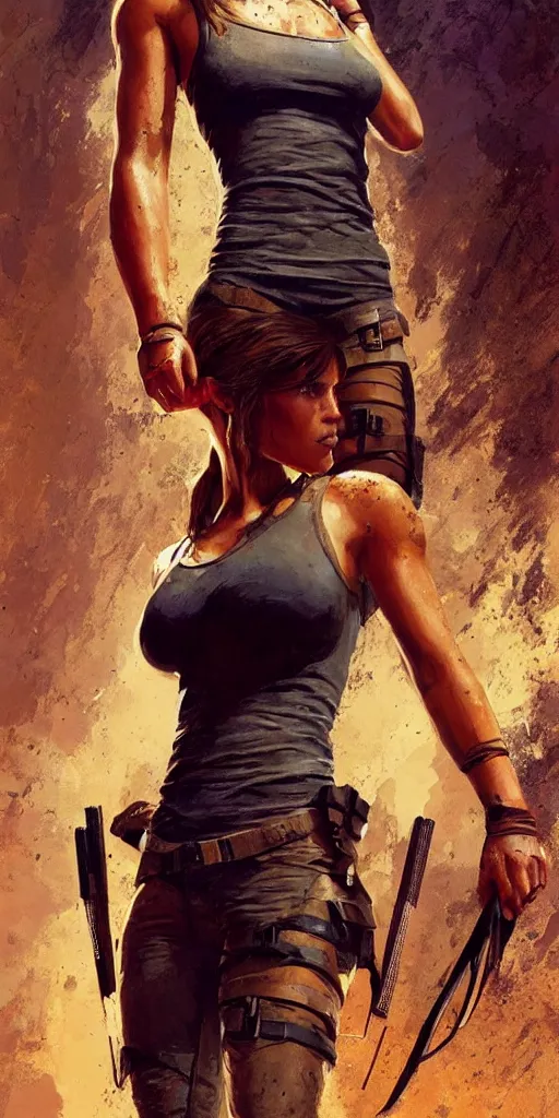 Prompt: Alicia Vikander as Lara Croft (tomb raider, 1996), full body portrait by Karol Bak, Syd Mead and Raphael Lacoste, rich colors, digital art