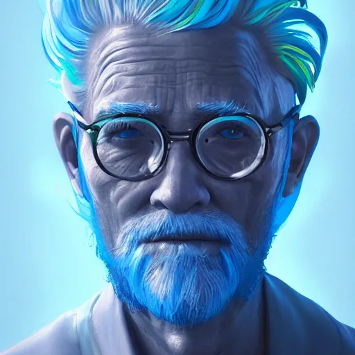 Prompt: Old man with neon blue dyed hair, gorgeous, amazing, elegant, intricate, highly detailed, digital painting, artstation, concept art, sharp focus, illustration