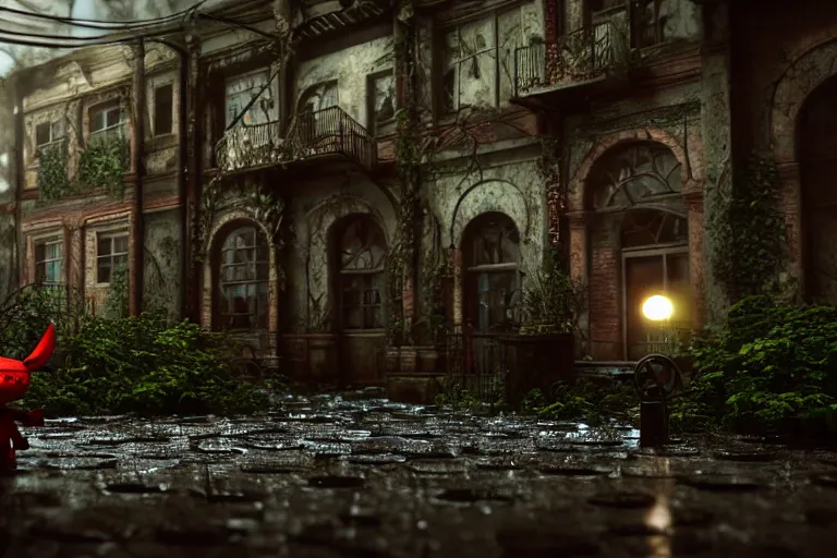 Prompt: Broken ugly toy doll with glowing eyes lying on old courtyard with puddles and an old playground between two soviet five-storey overgrown with ivy panel houses, high details, cinematic, Silent Hill, 8k resolution, beautiful detailed, insanely intricate details, artstation trending, rule of third, octane render, unreal engine