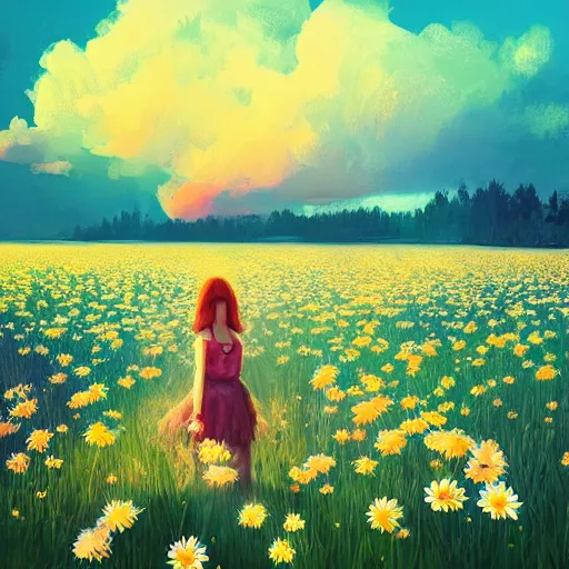 Image similar to girl with a full daisies head, surreal photography, flower field, sunset dramatic light, impressionist painting, colorful clouds, blue sky, digital painting, artstation, simon stalenhag