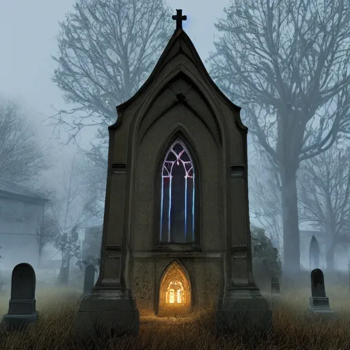 Image similar to ghosts in an old church yard cemetery, night time low light, spooky and scary atmosphere, artstation flames from church windows,