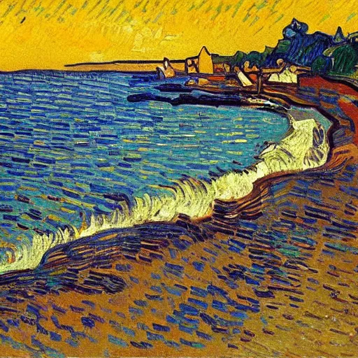 Prompt: Stunning post-impressionist painting of a day at the beach by van Gogh