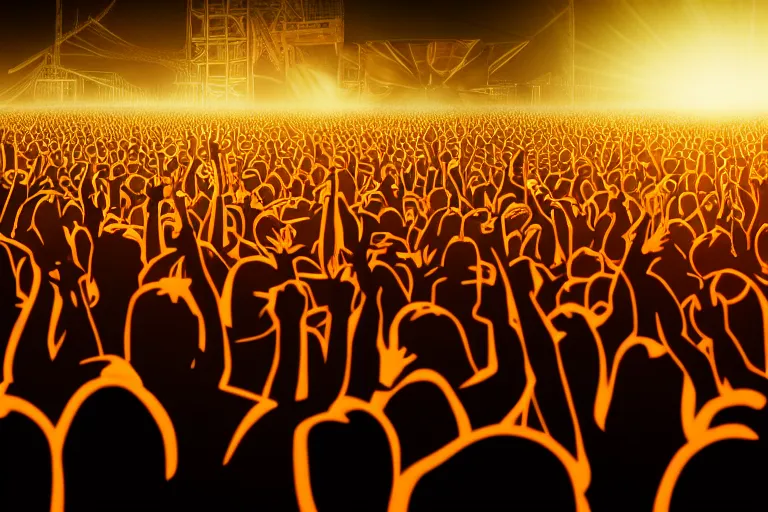 Image similar to crowd partying with their hands up at a festival, silhouette, laser show, digital art, trending on artstation, 4k, unreal engine, intricate, ornate