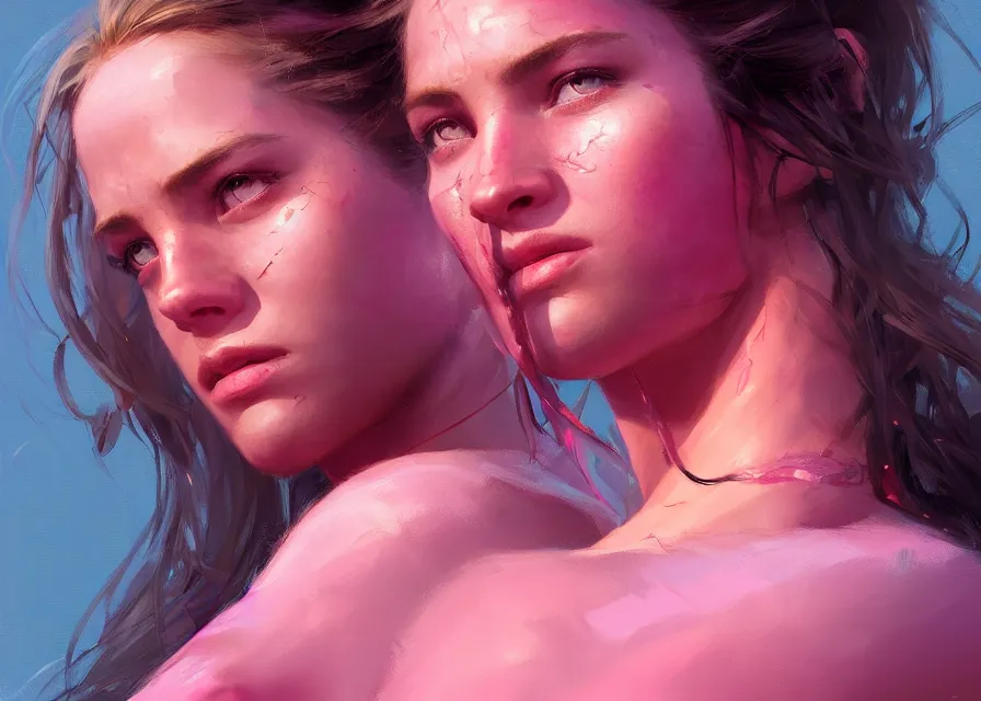 Image similar to an portrait of a beautiful female survivor in a pink t shirt, apocalyptic city backround, shiny skin, flowing tied hair, fine details. night setting. realistic shaded lighting poster by craig mullism, artgerm, jeremy lipkin and michael garmash, unreal engine, radiant light, detailed and intricate environment, digital art, trending on art station,