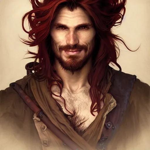 Prompt: portrait of a young ruggedly handsome but joyful pirate, male, masculine, upper body, deep red crimson hair, long hair, d & d, fantasy, roguish smirk, intricate, elegant, highly detailed, digital painting, artstation, concept art, matte, sharp focus, illustration, art by artgerm and greg rutkowski and alphonse mucha