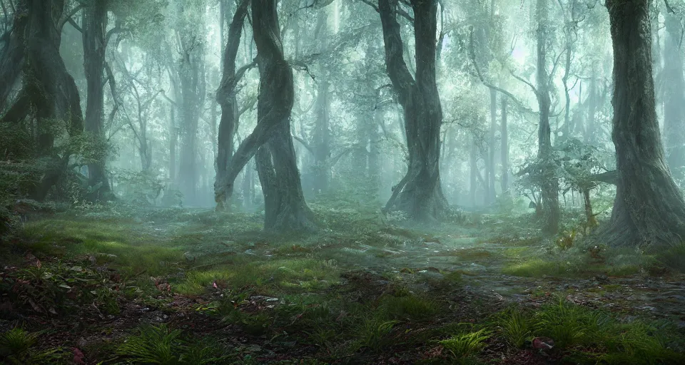 Image similar to a mystical forest, realistic, very detailed, photorealism, 8k, unreal engine 5, photo, colorful, by Alyssa Monks