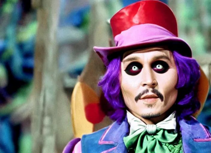 Image similar to film still of Johnny Depp as Willy Wonka in Willy Wonka and the Chocolate Factory 1971