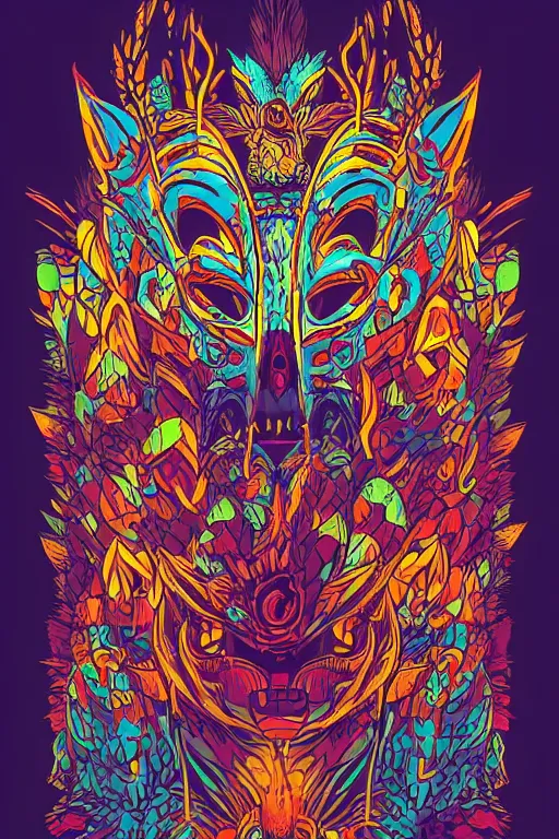 Image similar to animal mask totem roots flower tribal feather gemstone plant wood rock shaman vodoo video game vector cutout illustration vivid multicolor borderlands comics by josan gonzales and dan mumford radiating a glowing aura