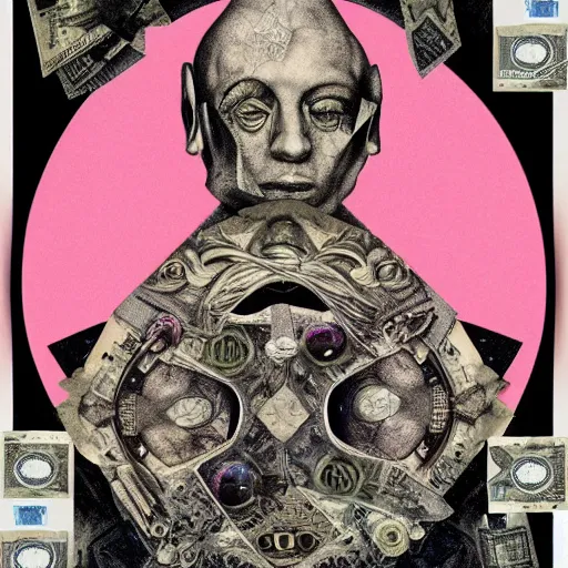 Image similar to post - punk new age album cover, asymmetrical design, dollar bank notes, capitalism, magic, apocalypse, psychedelic, black white pink, magic, giger h. r., giuseppe arcimboldo