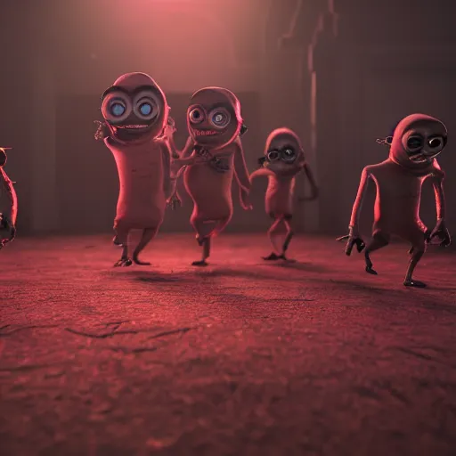 Prompt: demented, creepy, disturbing, evil possessed minions starting into camera, octane render, blender render, 8k,