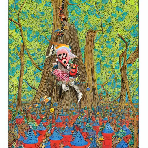 Image similar to safety cones scattered around an oak tree forest, man in muppet sasquatch sri lankan mask costume dancing in the distance, by james jean, miyazaki, hyper detailed surrealist painting