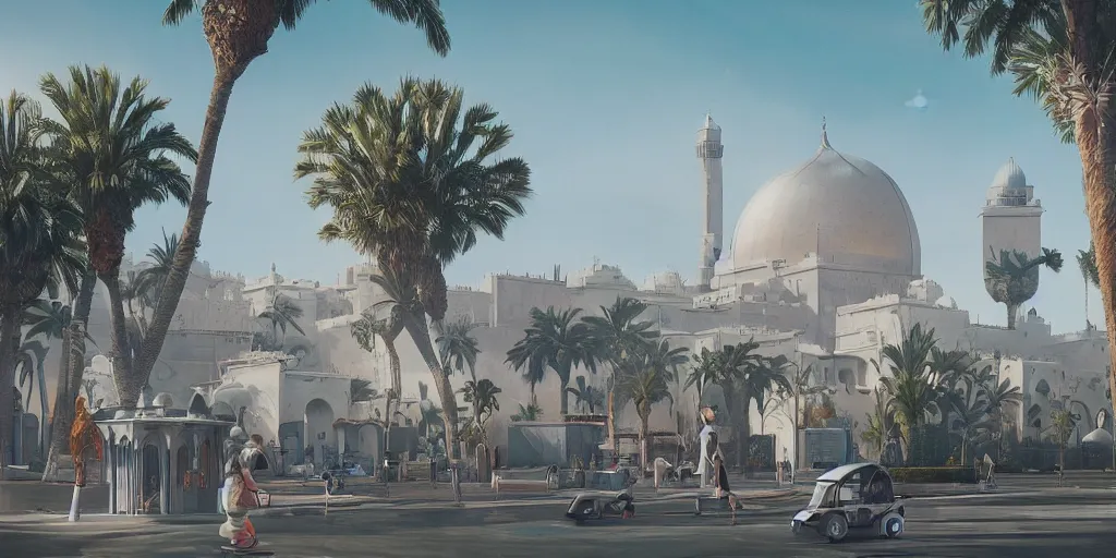 Image similar to Futuristic Marrakech, palm trees, Flying Taxi ,Moroccan mosque ,WLOP, James Jean, tom bagshaw, rococo, trending on artstation, fantasy, intricate, elegant, highly detailed, digital painting, concept art, smooth, illustration, cinematic lighting, hyper realism, octane render, 8k, hyper detailed.