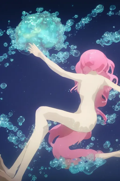 Prompt: 3D CG anime Land of the Lustrous Houseki no Kuni character Ventricosus translucent very pink jelly person with thick chest bubbles and pink transparent dress frills floating at the bottom of the ocean, beautiful composition, 3D render, cel shaded, 8k, key visual, made by Haruko Ichikawa, Makoto Shinkai, studio Ghibli, Kyoto Animation