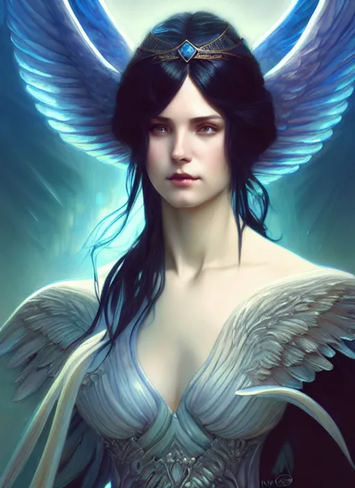 Image similar to a beautiful cinematic female archangel queen, fantasy sea landscape, fantasy magic, short aqua blue black fade hair, dark light night, intricate, elegant, sharp focus, illustration, highly detailed, digital painting, concept art, matte, art by WLOP and Artgerm and Greg Rutkowski and Alphonse Mucha, masterpiece