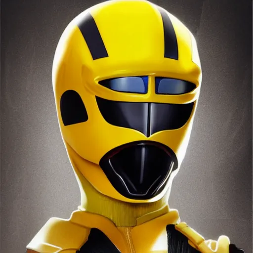 Image similar to symmetry!! portrait, head only, yellow ranger, thunderbolt - helmet!!, artstation, art by murata, art by oda echiiro, art by tatsuki fujimoto, lightning helmet, 3 d, jumpsuit, gloves, futuristic poster,