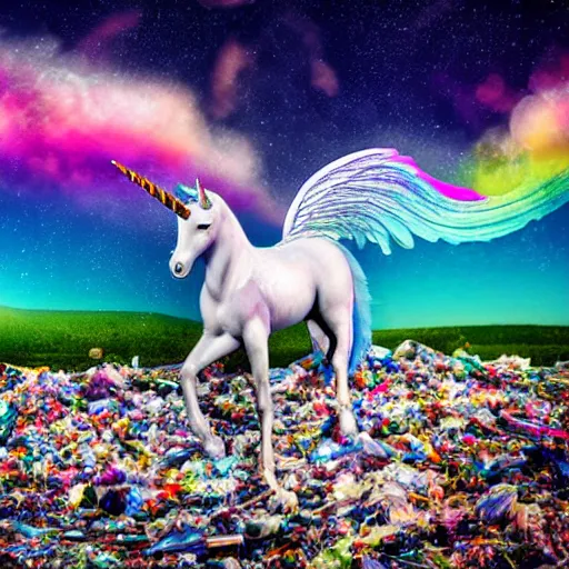 Image similar to 8 k capture scan of a iridescent unicorn with wings dancing in a garbage dump, the sky has the milky way, high textured, conceptual, photorealistic, illustration sharp