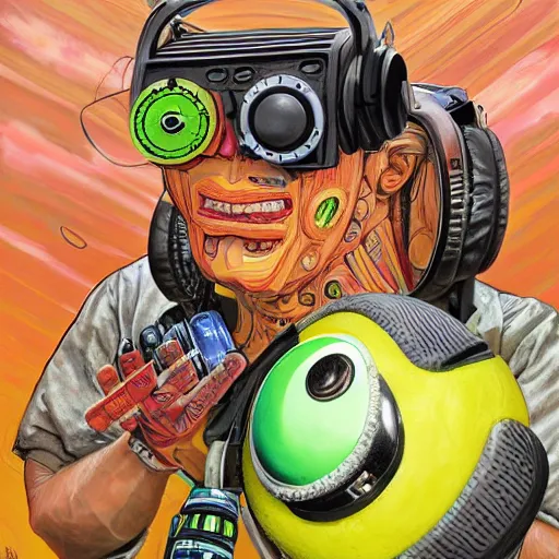 Prompt: a portrait of an anthropomorphic tennis ball monster by sandra chevrier, detailed render, tape deck, boombox, headphones, epic composition, cybernetics, 4 k realistic, cryengine, realistic shaded lighting, sharp focus, masterpiece, by matteo scalera, gary montalbano, peter elson in the style of the tokyo ghost comic