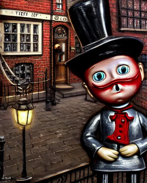 Prompt: highly detailed closeup, portrait of a tin toy jack the ripper in tin toy victorian london streets, hyper realistic, artstation, illustration, nicoletta ceccoli, mark ryden, lostfish, dan decarlo, bob clampett, max fleischer, digital paint, matte paint, vivid colors, detailed and intricate environment