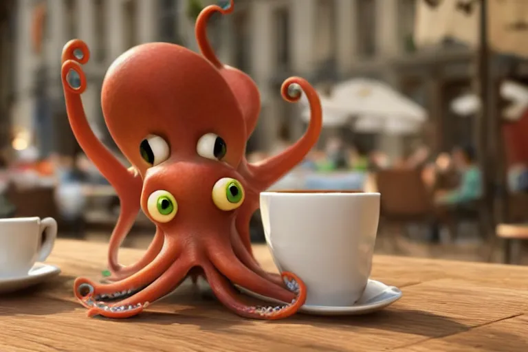 Image similar to Funny little octopus crawling out from a cup of coffee in beautiful morning café in Paris. Pixar Disney 4K 3d render funny animation movie Oscar winning trending on ArtStation and Behance. Ratatouille style.